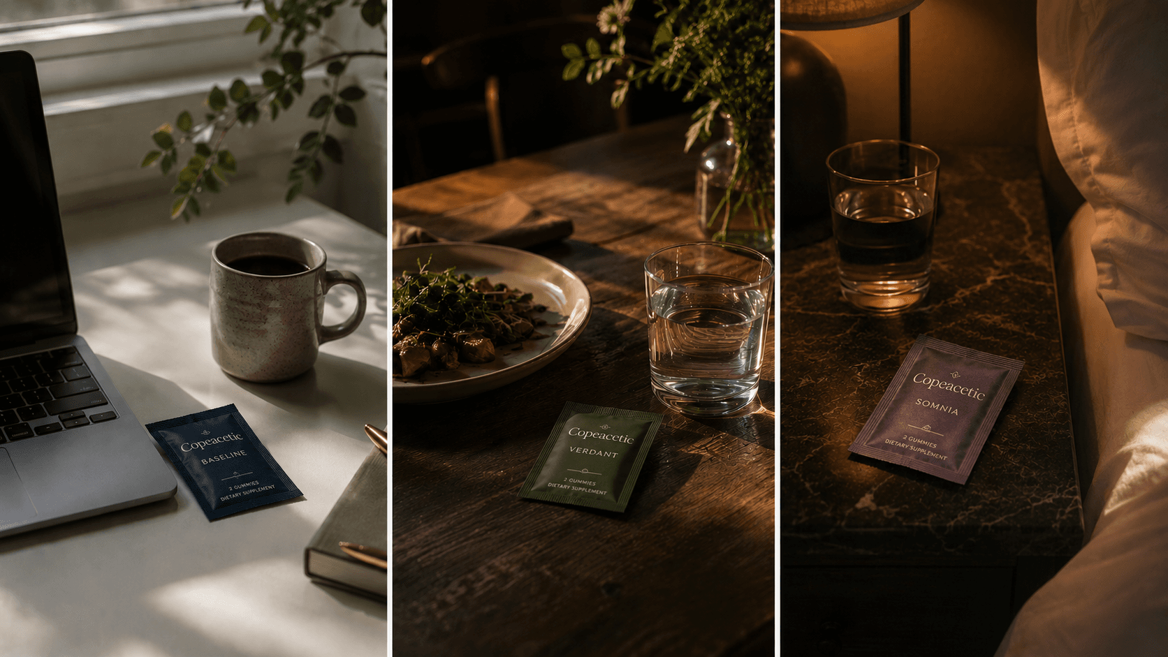 Three moments of a day: a Baseline packet beside a coffee cup at a morning desk, a Verdant packet beside dinner in the evening, and a Somnia packet by a bedside lamp at night