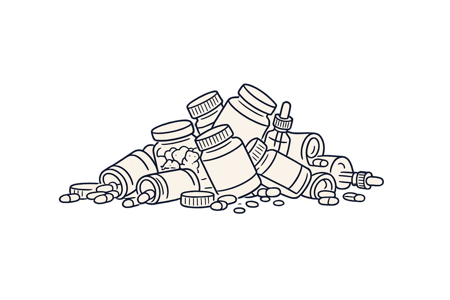 An overwhelming pile of supplement bottles